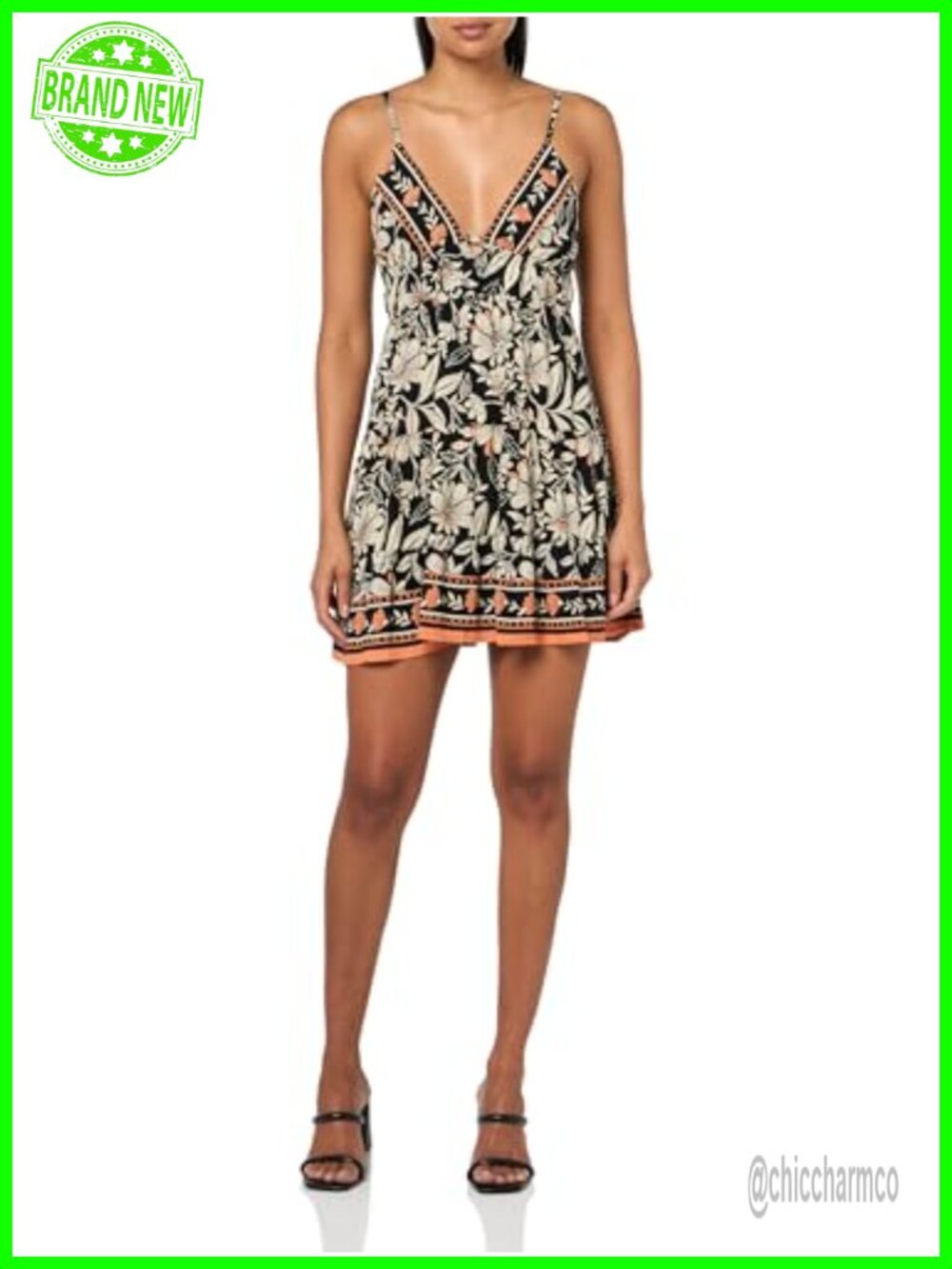 Women's Floral Tiered Fit and Flare Spaghetti Strap V-Neck Dress